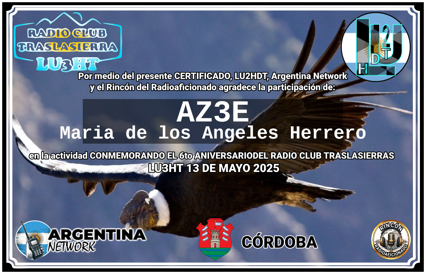 Certificado Actividad CONMEMORANDO EL 6to ANIVERSARIO DEL RADIO CLUB TRASLASIERRAS LU3HT (edición 2025)