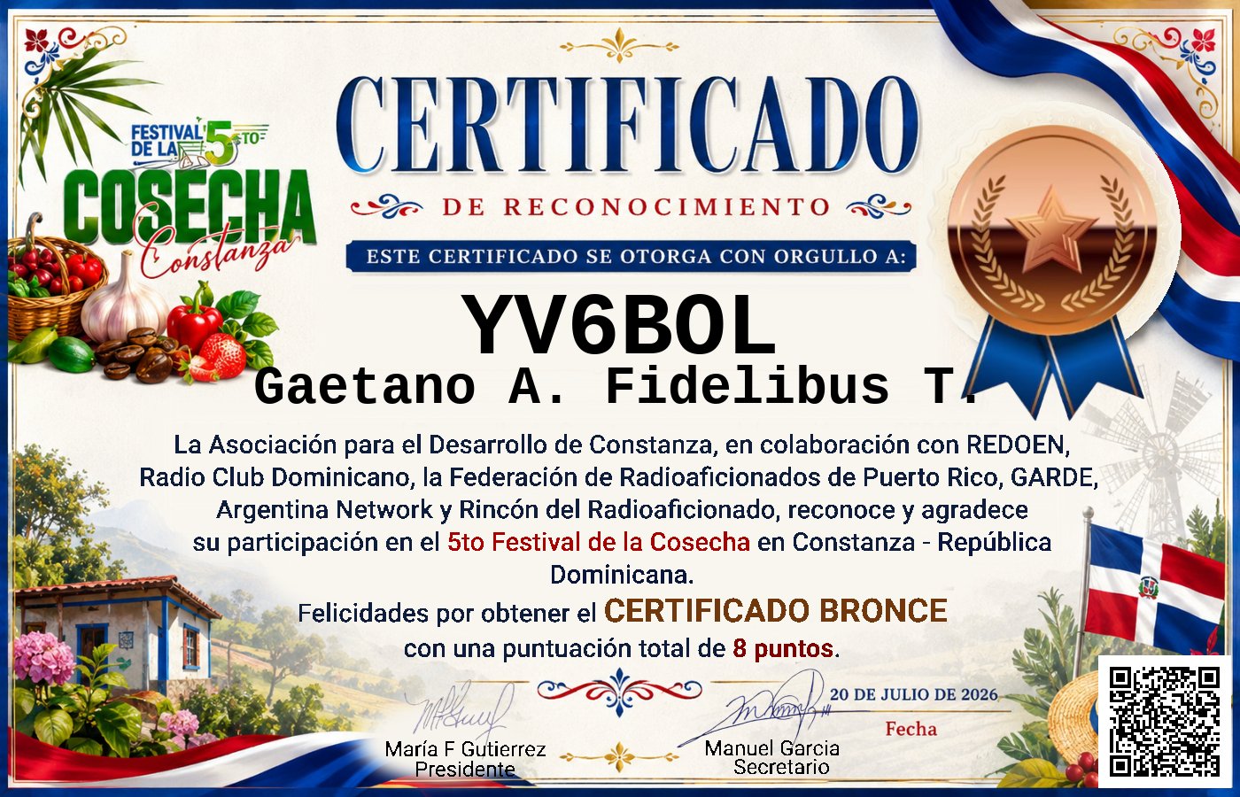 Certificado Activación - "Festival de la Cosecha"