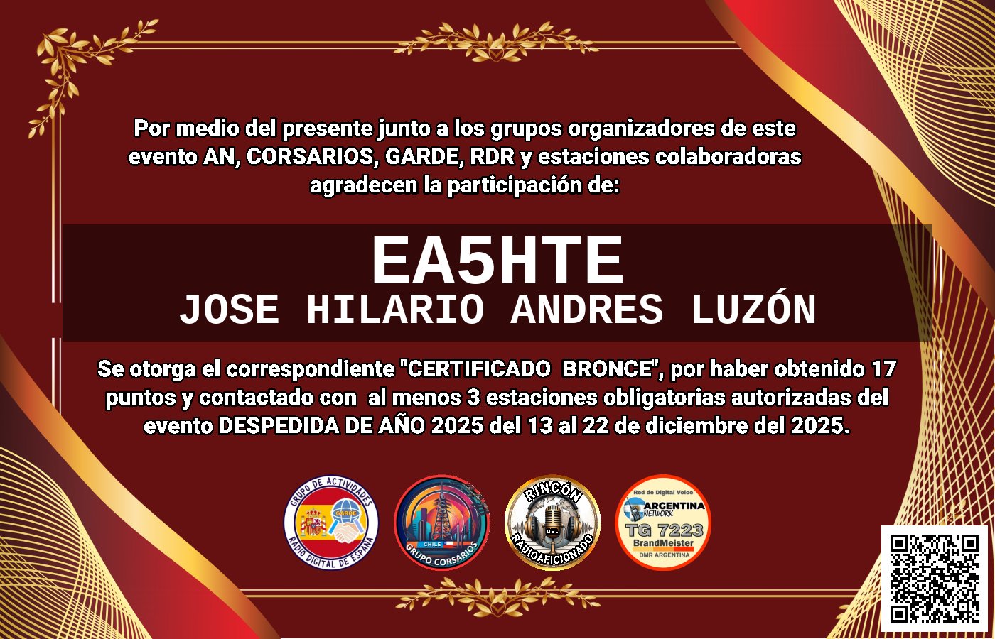 Certificado CERTIFICADO "DESPEDIDA DE AÑO 2025"