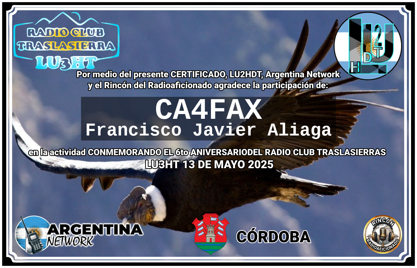 Certificado Actividad CONMEMORANDO EL 6to ANIVERSARIO DEL RADIO CLUB TRASLASIERRAS LU3HT (edición 2025)