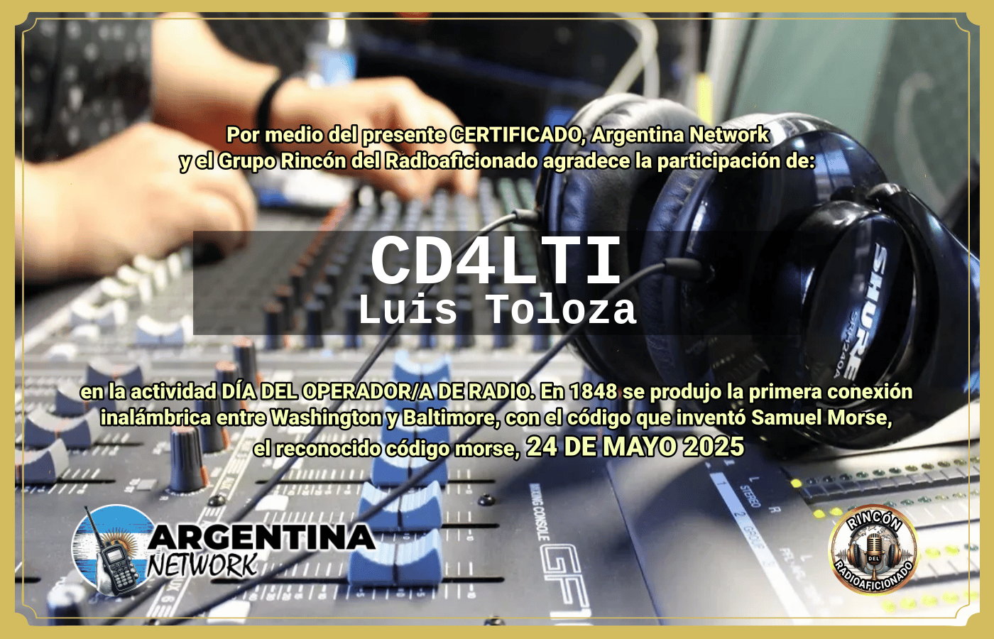 Certificado Actividad DÍA MUNDIAL DEL OPERADOR DE RADIO  (Edición 2025)