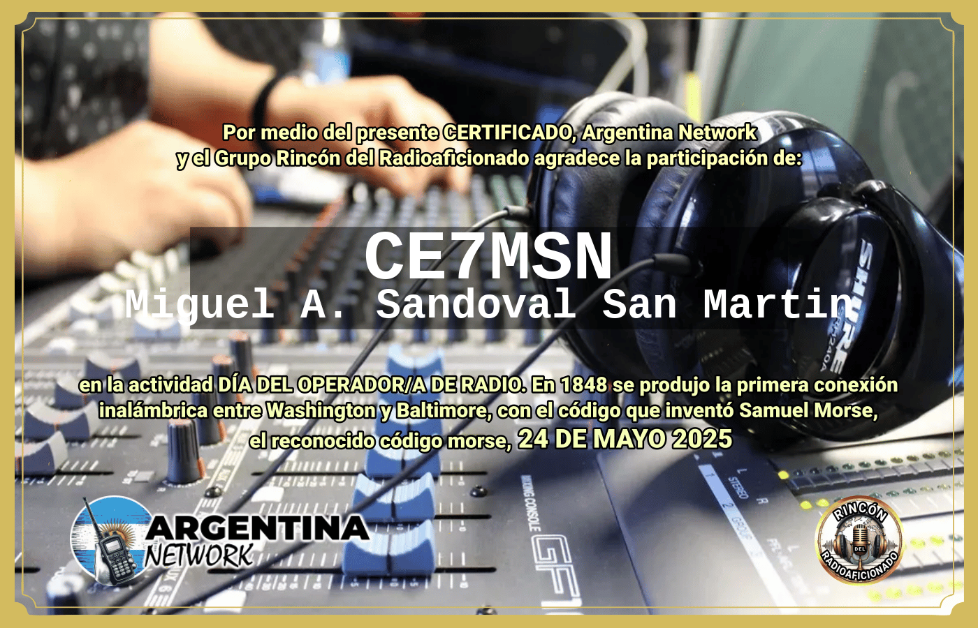 Certificado Actividad DÍA MUNDIAL DEL OPERADOR DE RADIO  (Edición 2025)