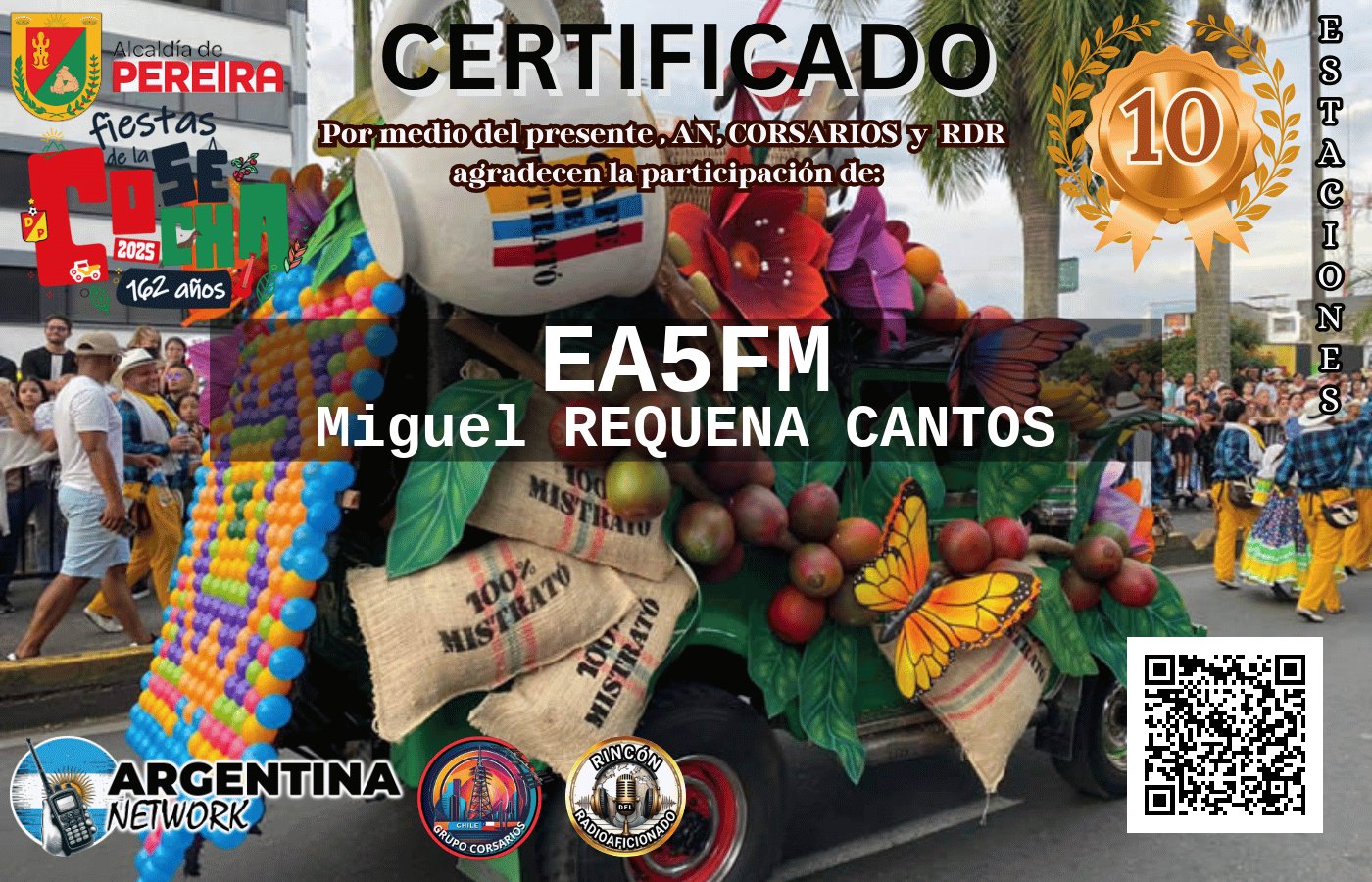Certificado Actividad ANIVERSARIO 162° FIESTAS DE LA COSECHA PEREIRA COLOMBIA (edición 2025)