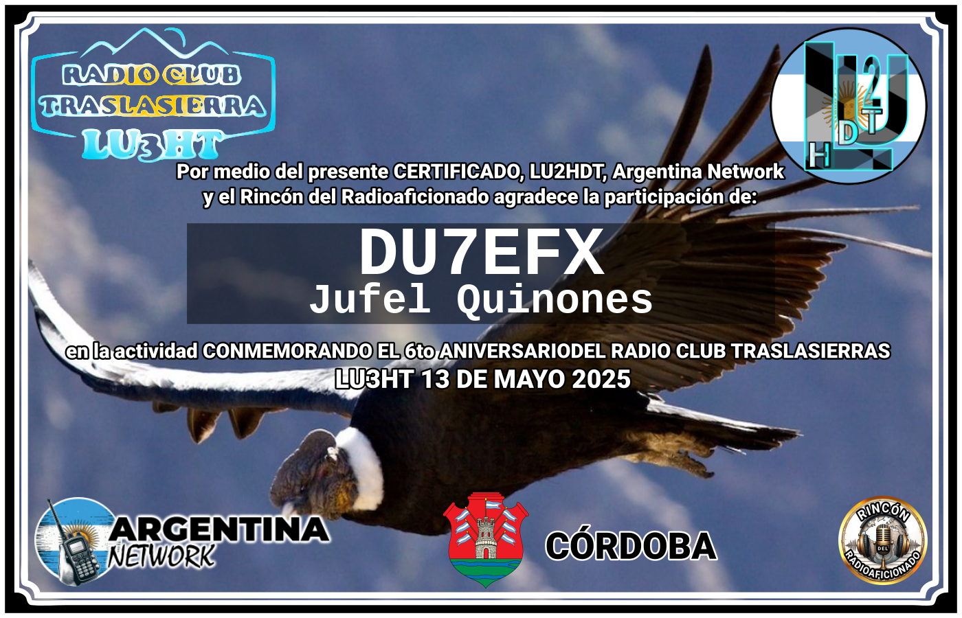 Certificado Actividad CONMEMORANDO EL 6to ANIVERSARIO DEL RADIO CLUB TRASLASIERRAS LU3HT (edición 2025)