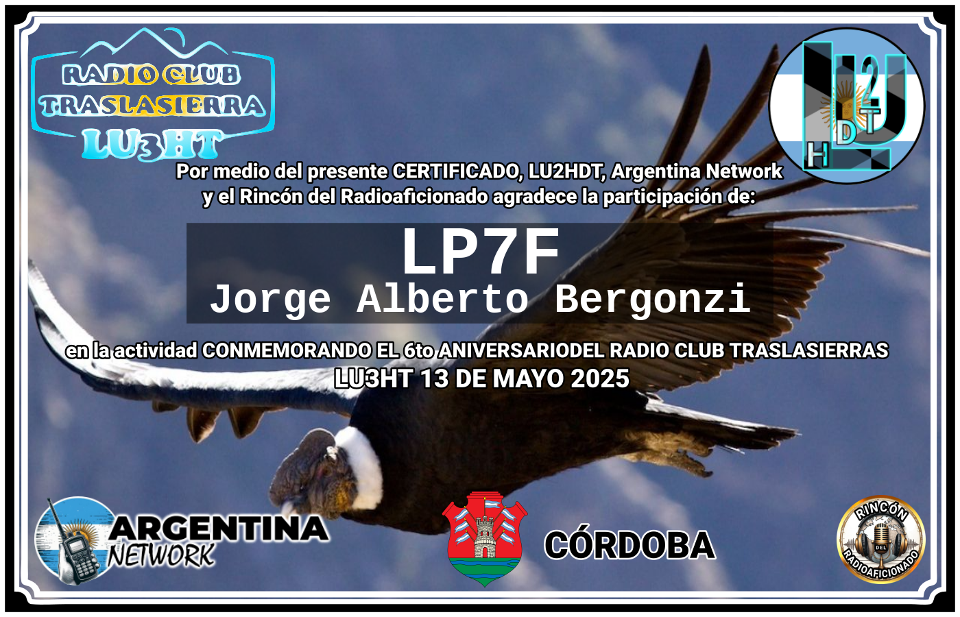 Certificado Actividad CONMEMORANDO EL 6to ANIVERSARIO DEL RADIO CLUB TRASLASIERRAS LU3HT (edición 2025)