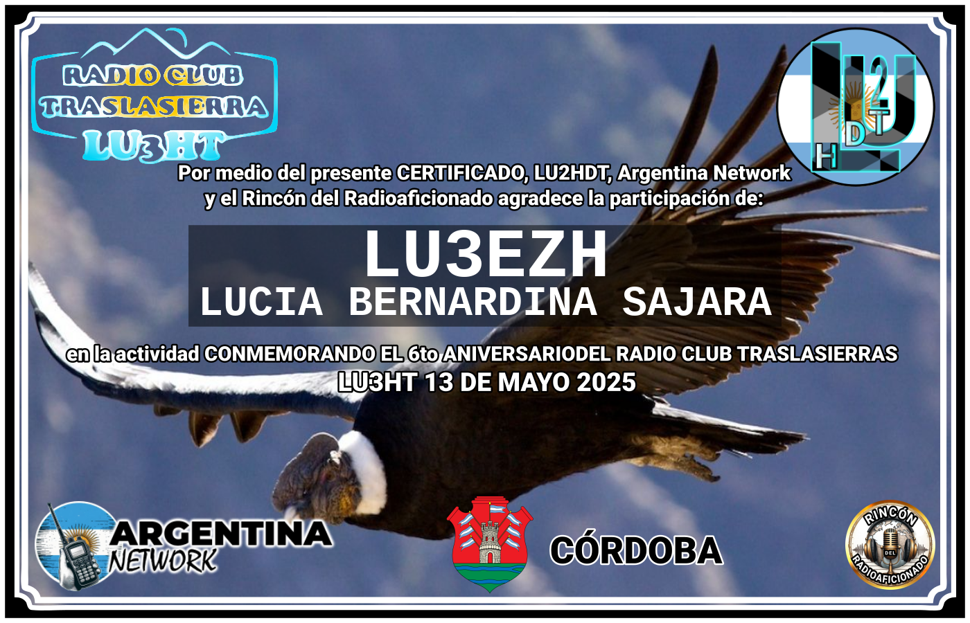 Certificado Actividad CONMEMORANDO EL 6to ANIVERSARIO DEL RADIO CLUB TRASLASIERRAS LU3HT (edición 2025)