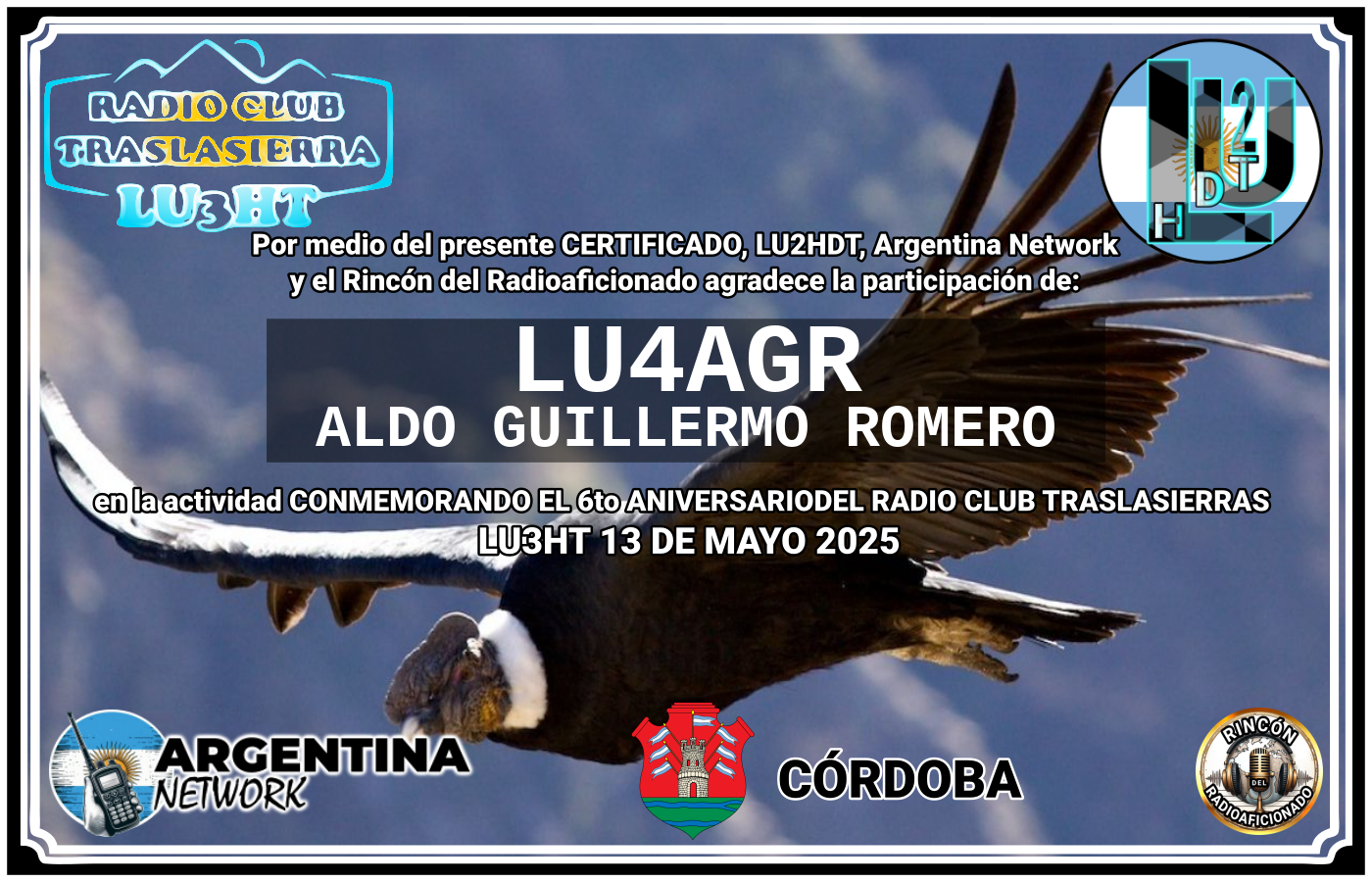 Certificado Actividad CONMEMORANDO EL 6to ANIVERSARIO DEL RADIO CLUB TRASLASIERRAS LU3HT (edición 2025)