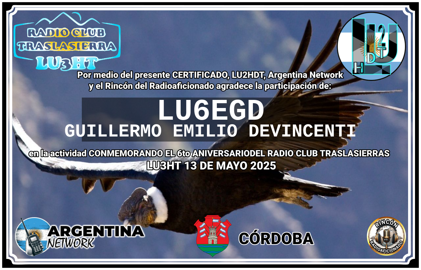 Certificado Actividad CONMEMORANDO EL 6to ANIVERSARIO DEL RADIO CLUB TRASLASIERRAS LU3HT (edición 2025)