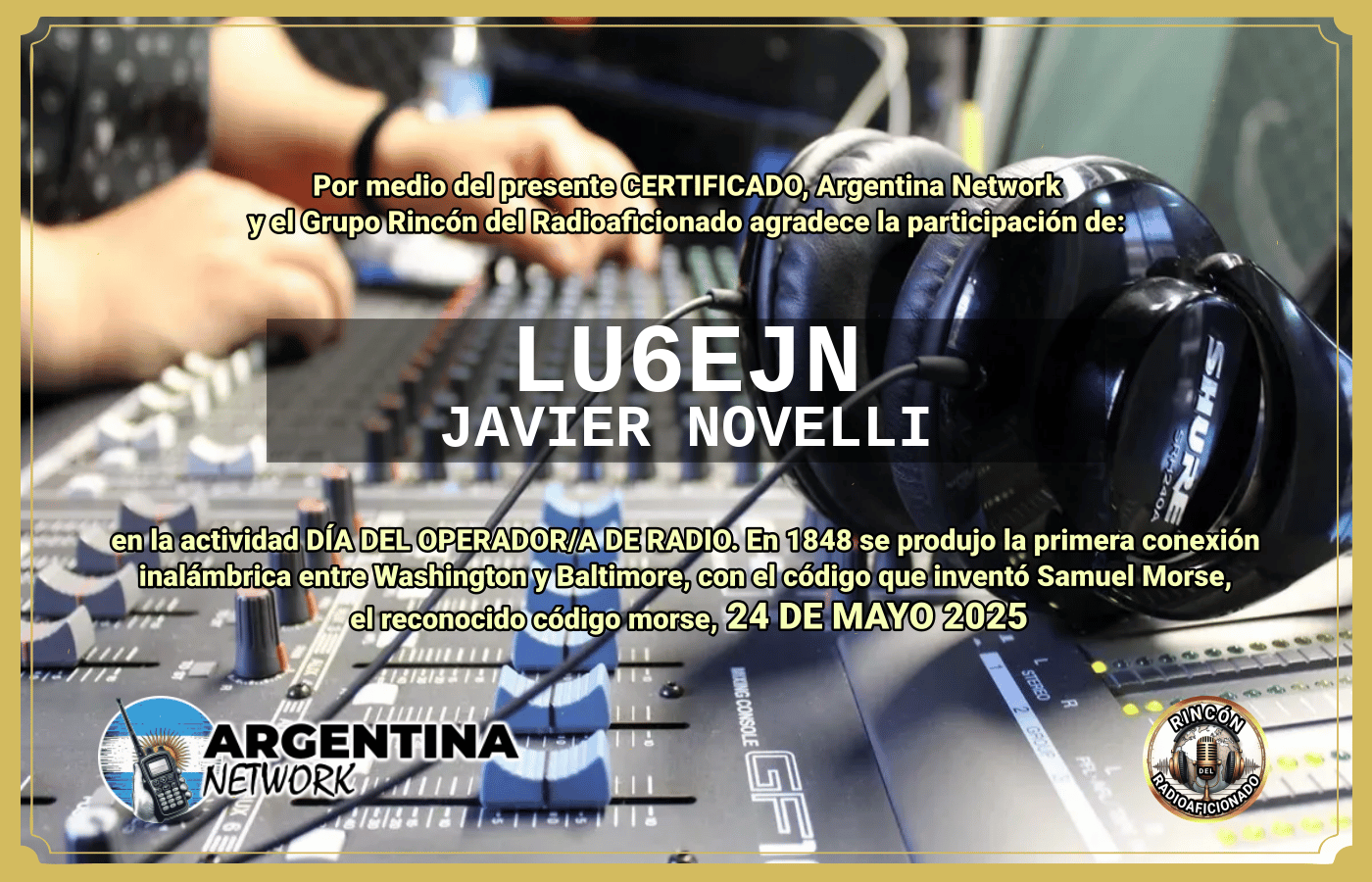 Certificado Actividad DÍA MUNDIAL DEL OPERADOR DE RADIO  (Edición 2025)