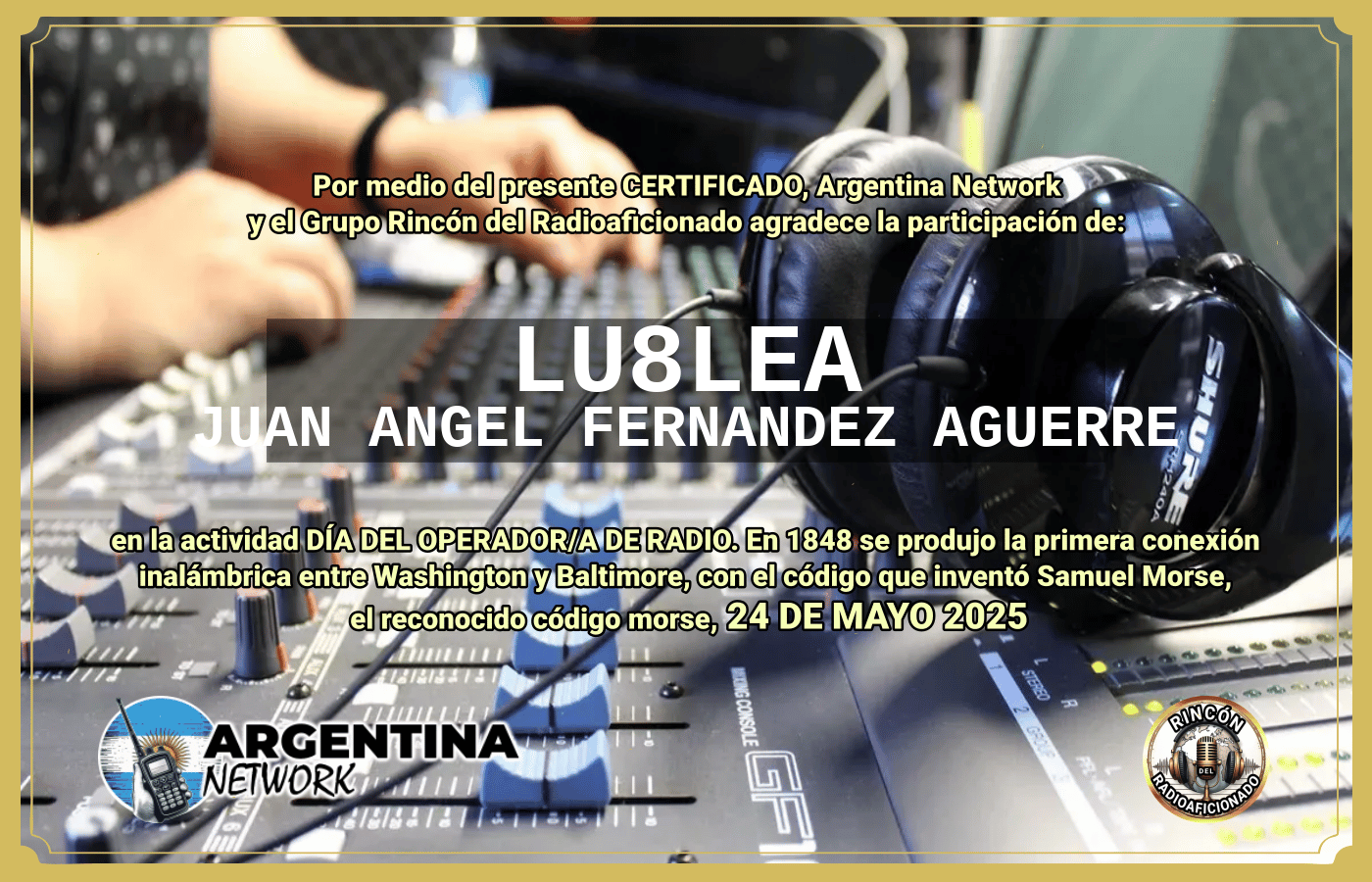 Certificado Actividad DÍA MUNDIAL DEL OPERADOR DE RADIO  (Edición 2025)