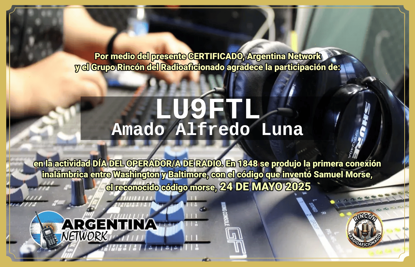 Certificado Actividad DÍA MUNDIAL DEL OPERADOR DE RADIO  (Edición 2025)