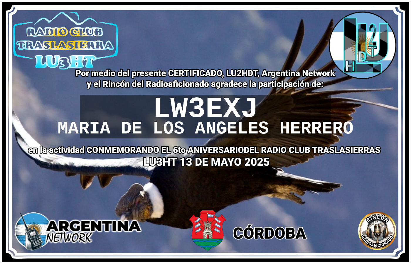 Certificado Actividad CONMEMORANDO EL 6to ANIVERSARIO DEL RADIO CLUB TRASLASIERRAS LU3HT (edición 2025)