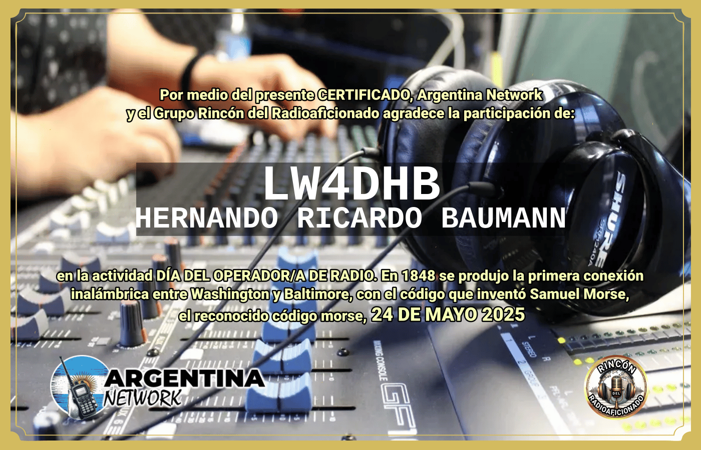 Certificado Actividad DÍA MUNDIAL DEL OPERADOR DE RADIO  (Edición 2025)
