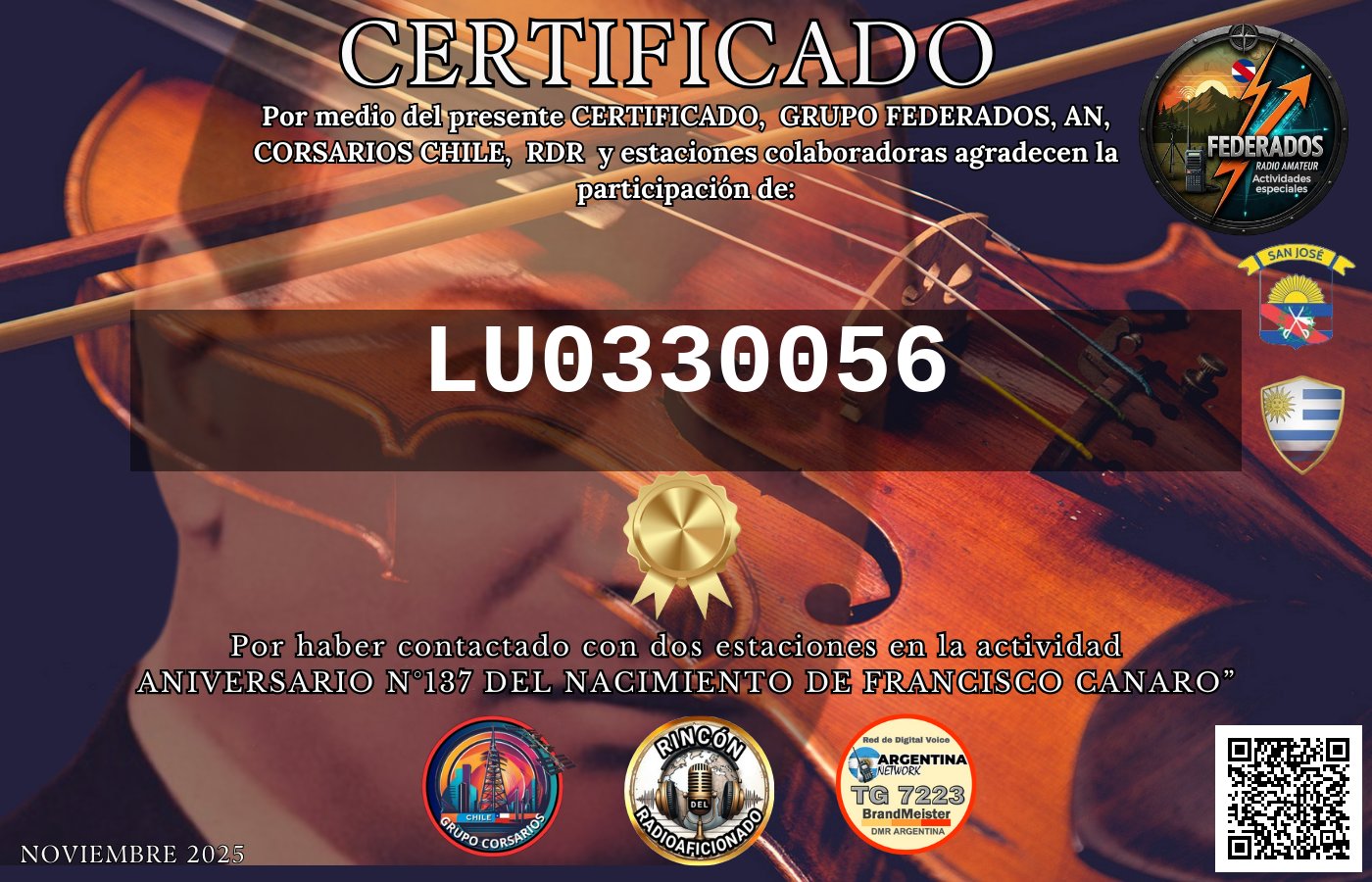 Certificado N°137 ANIVERSARIO DEL NACIMIENTO DE FRANCISCO CANARO