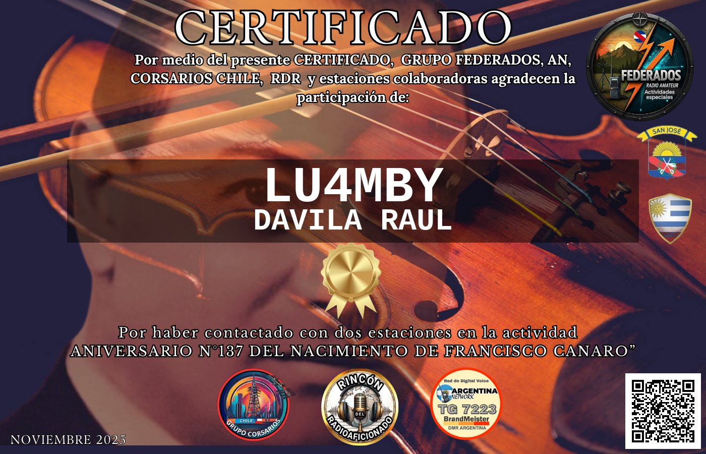 Certificado N°137 ANIVERSARIO DEL NACIMIENTO DE FRANCISCO CANARO