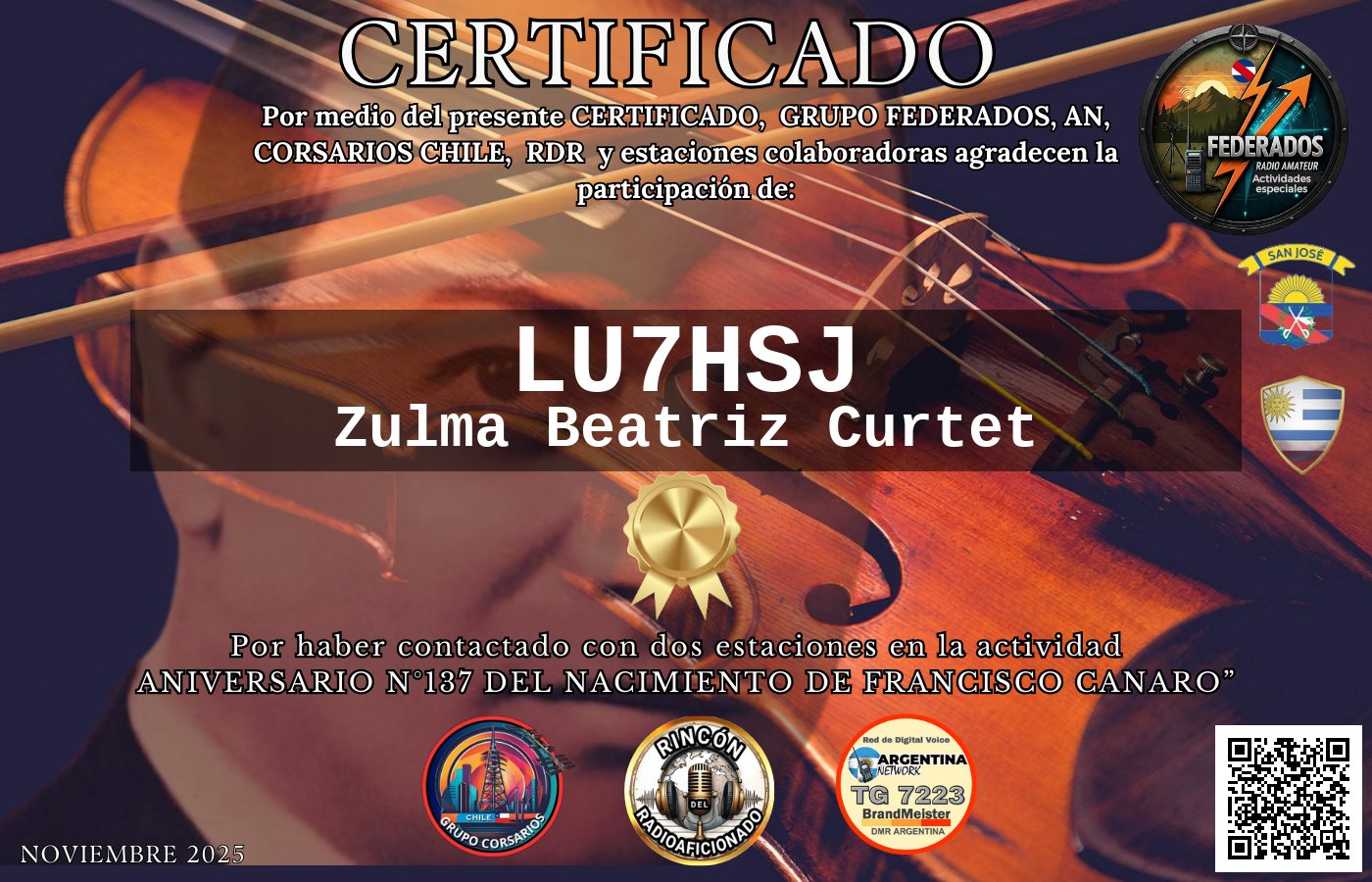 Certificado N°137 ANIVERSARIO DEL NACIMIENTO DE FRANCISCO CANARO