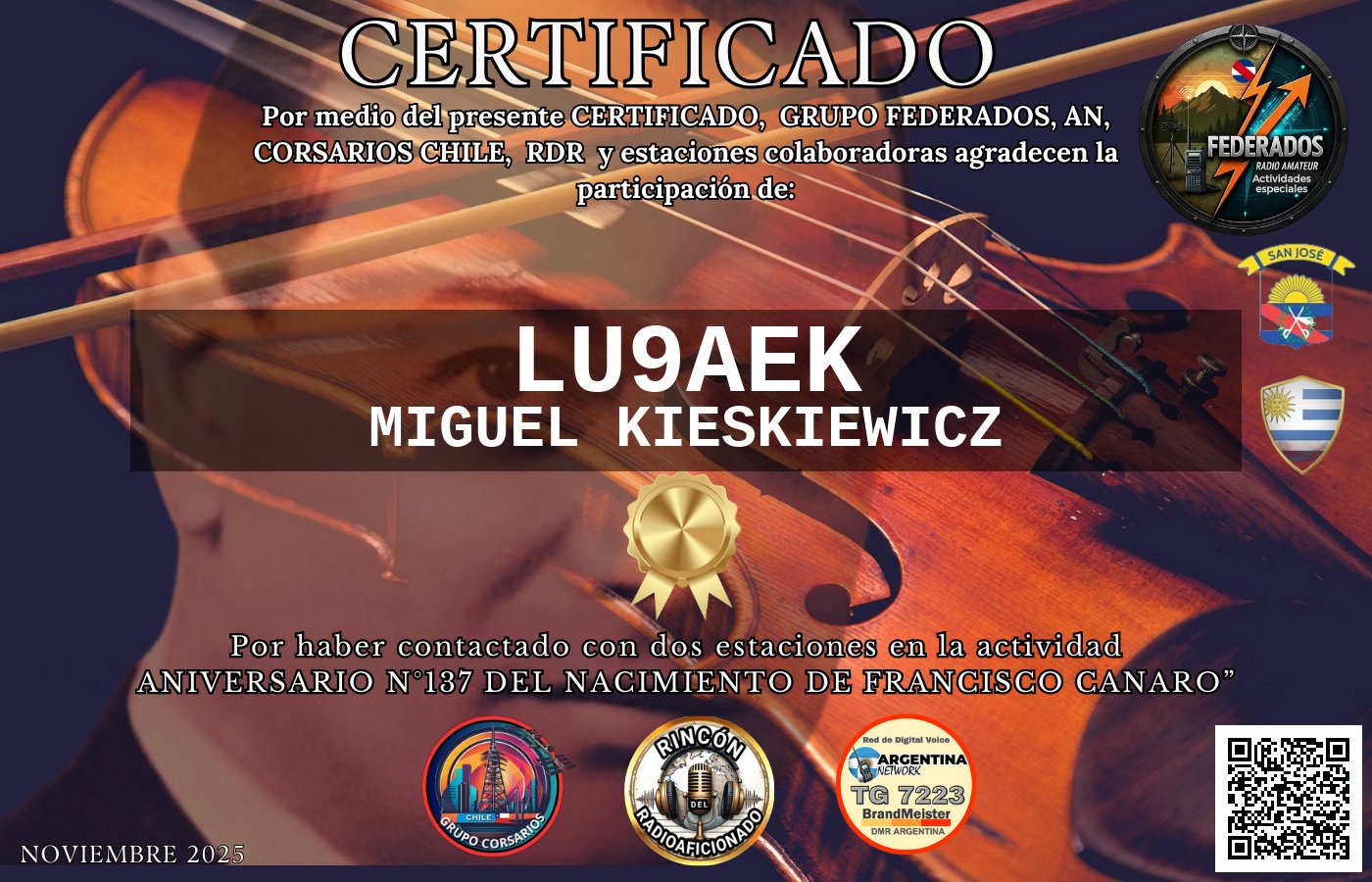 Certificado N°137 ANIVERSARIO DEL NACIMIENTO DE FRANCISCO CANARO