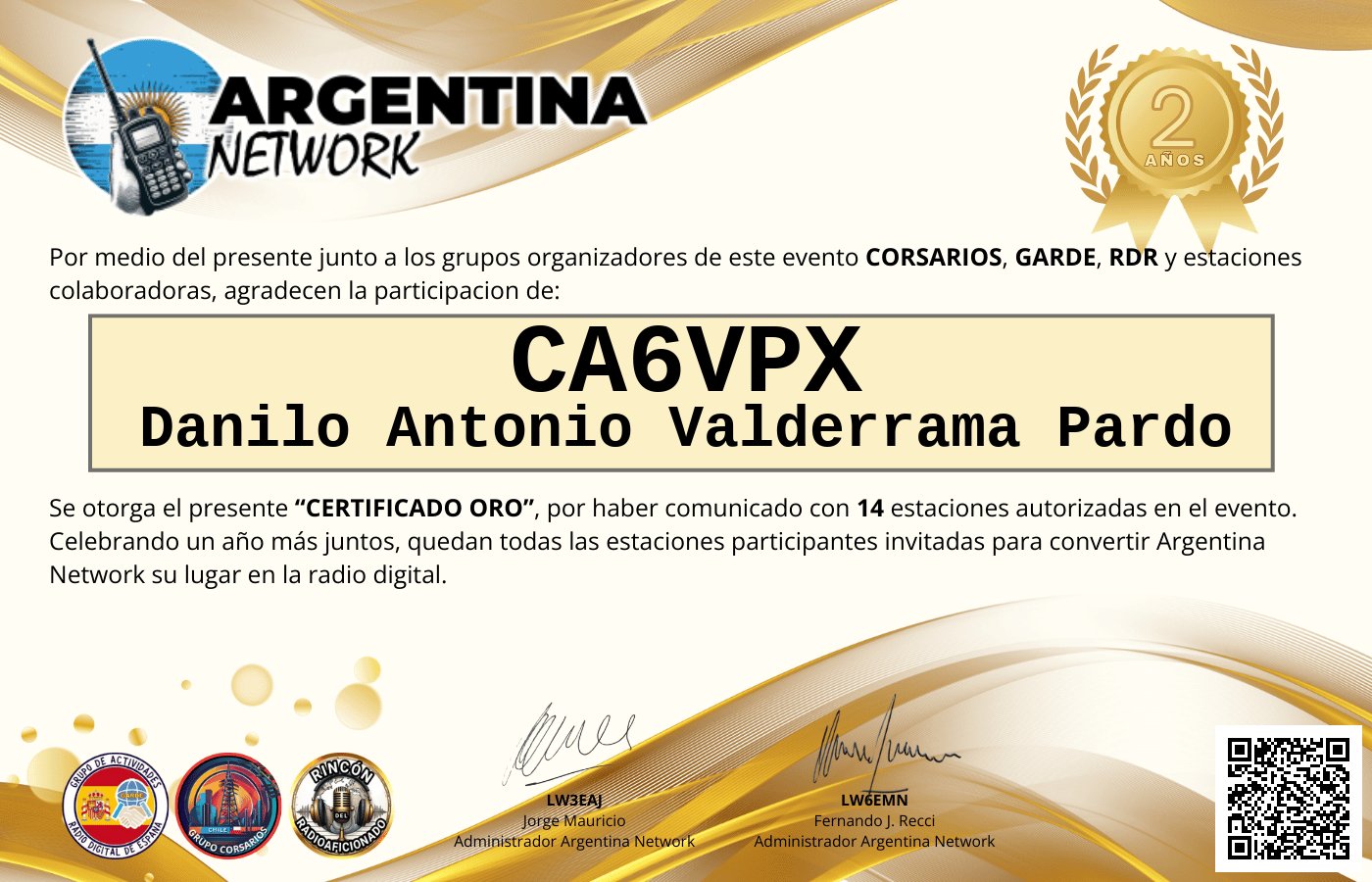 Certificado Actividad ANIVERSARIO N°2 ARGENTINA NETWORK