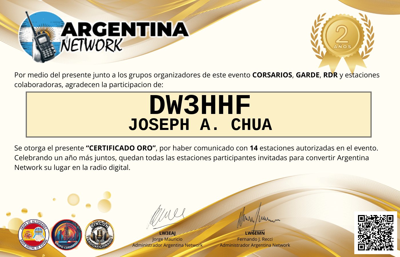 Certificado Actividad ANIVERSARIO N°2 ARGENTINA NETWORK