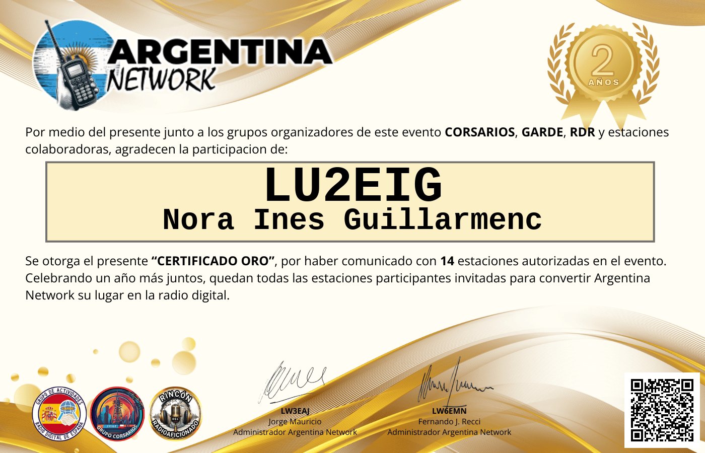 Certificado Actividad ANIVERSARIO N°2 ARGENTINA NETWORK