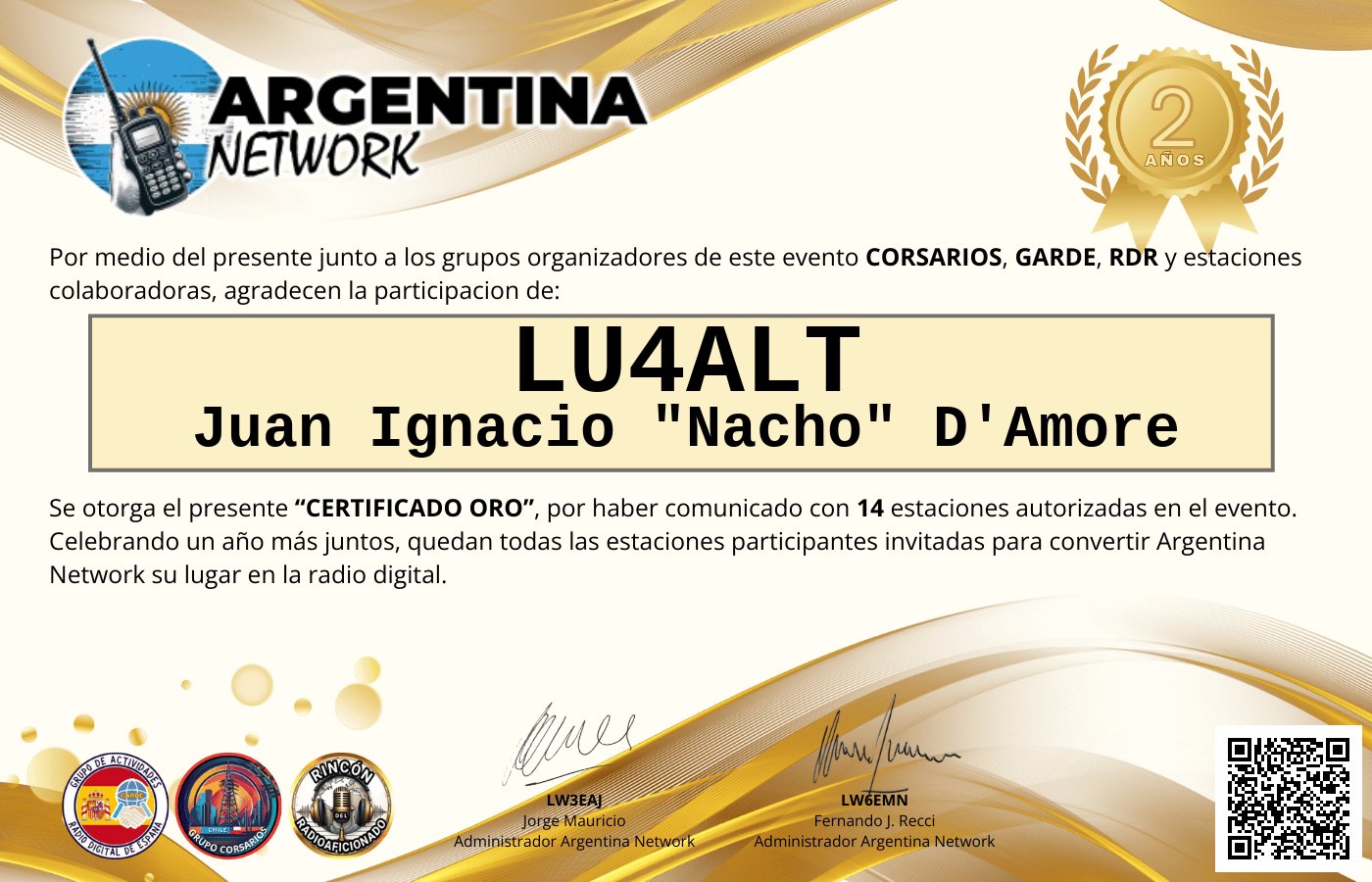 Certificado Actividad ANIVERSARIO N°2 ARGENTINA NETWORK