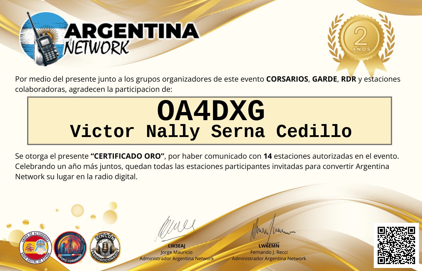 Certificado Actividad ANIVERSARIO N°2 ARGENTINA NETWORK
