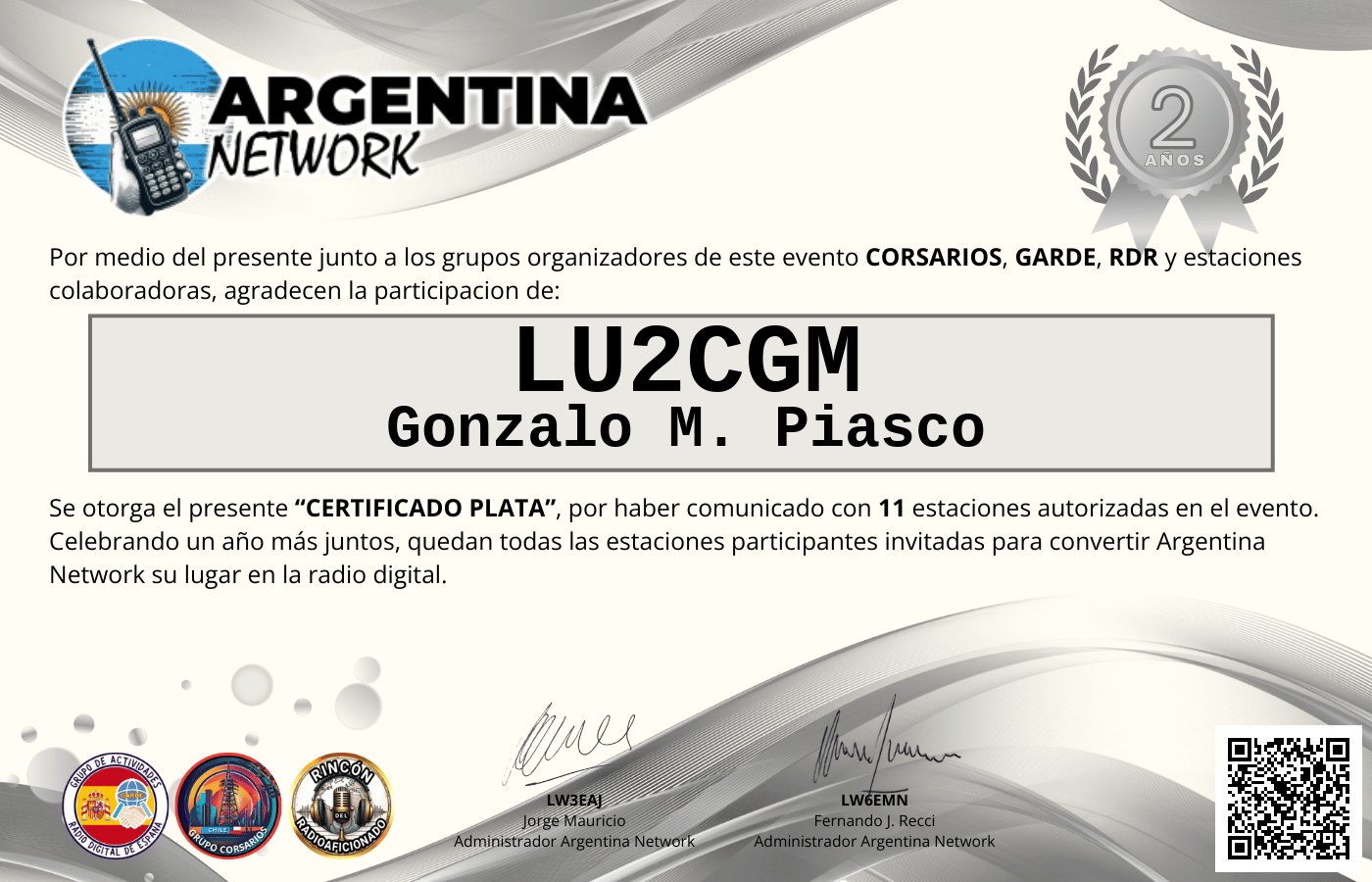 Certificado Actividad ANIVERSARIO N°2 ARGENTINA NETWORK