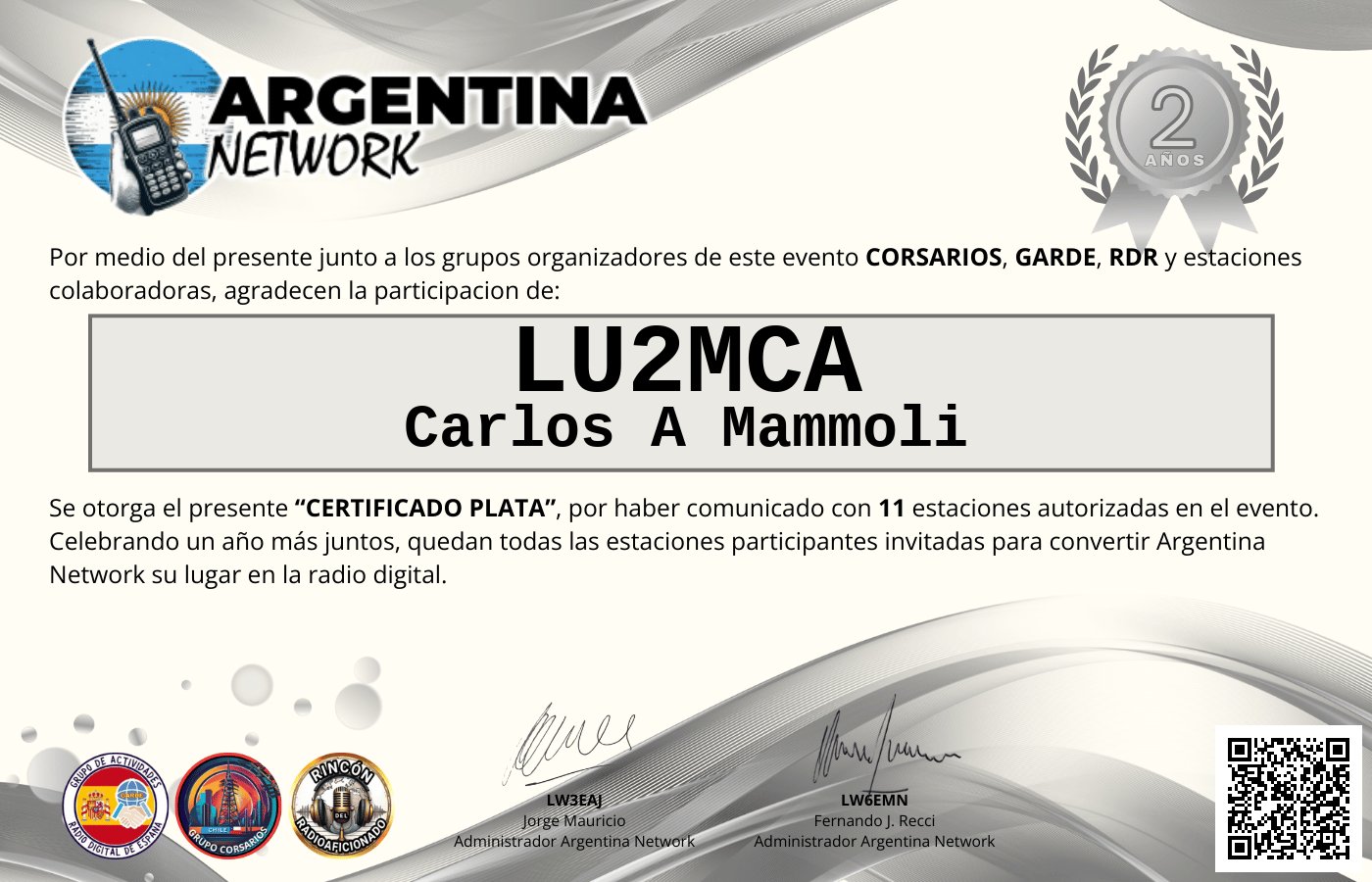 Certificado Actividad ANIVERSARIO N°2 ARGENTINA NETWORK