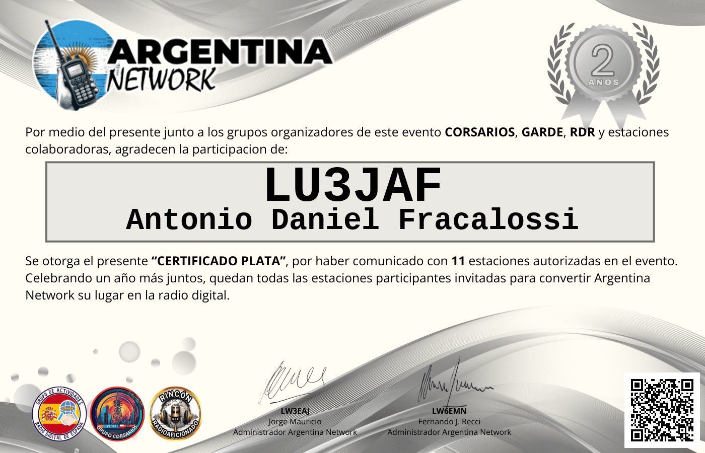 Certificado Actividad ANIVERSARIO N°2 ARGENTINA NETWORK
