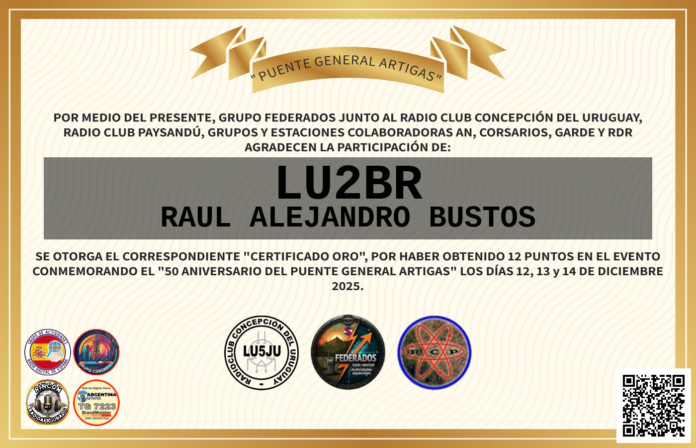 Certificado ACTIVACIÓN "Puente Fronterizo General Artigas"