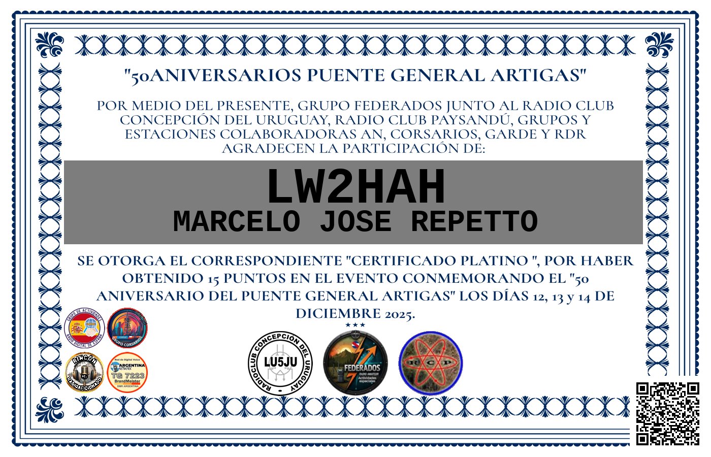 Certificado ACTIVACIÓN "Puente Fronterizo General Artigas"