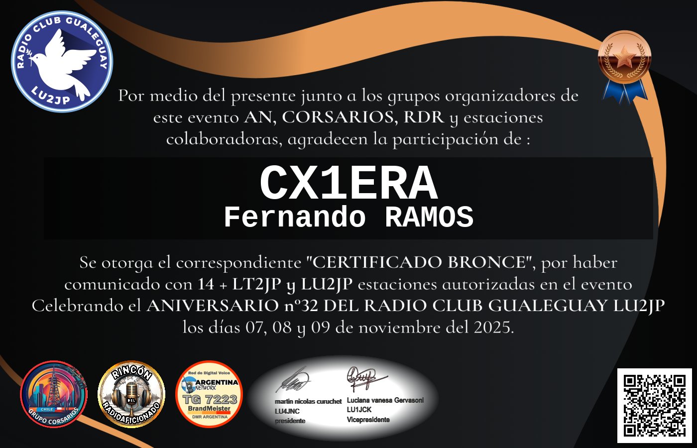 Certificado CERTIFICADO ANIVERSARIO n°32 RADIO CLUB GUALEGUAY LU2JP