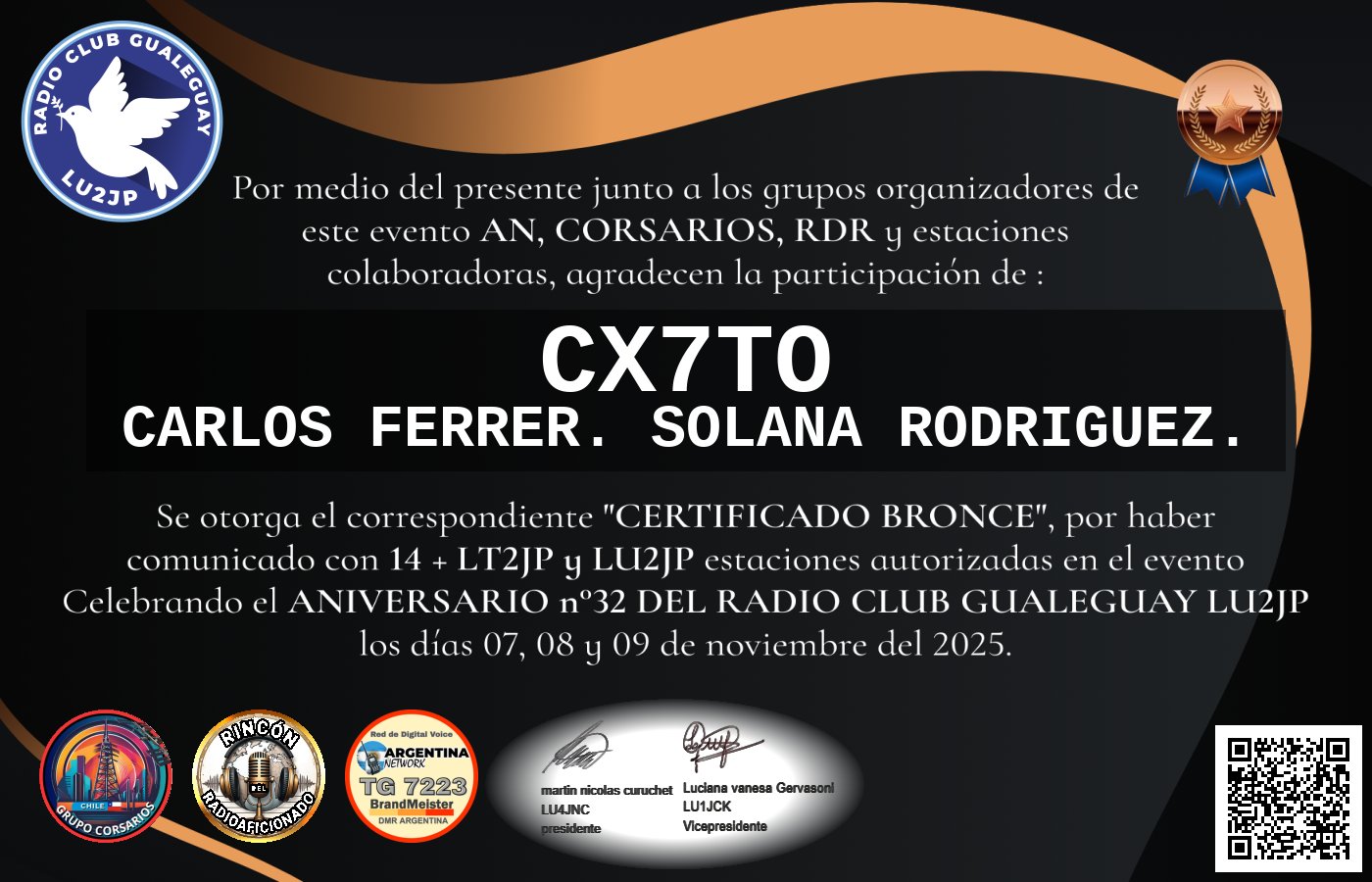 Certificado CERTIFICADO ANIVERSARIO n°32 RADIO CLUB GUALEGUAY LU2JP
