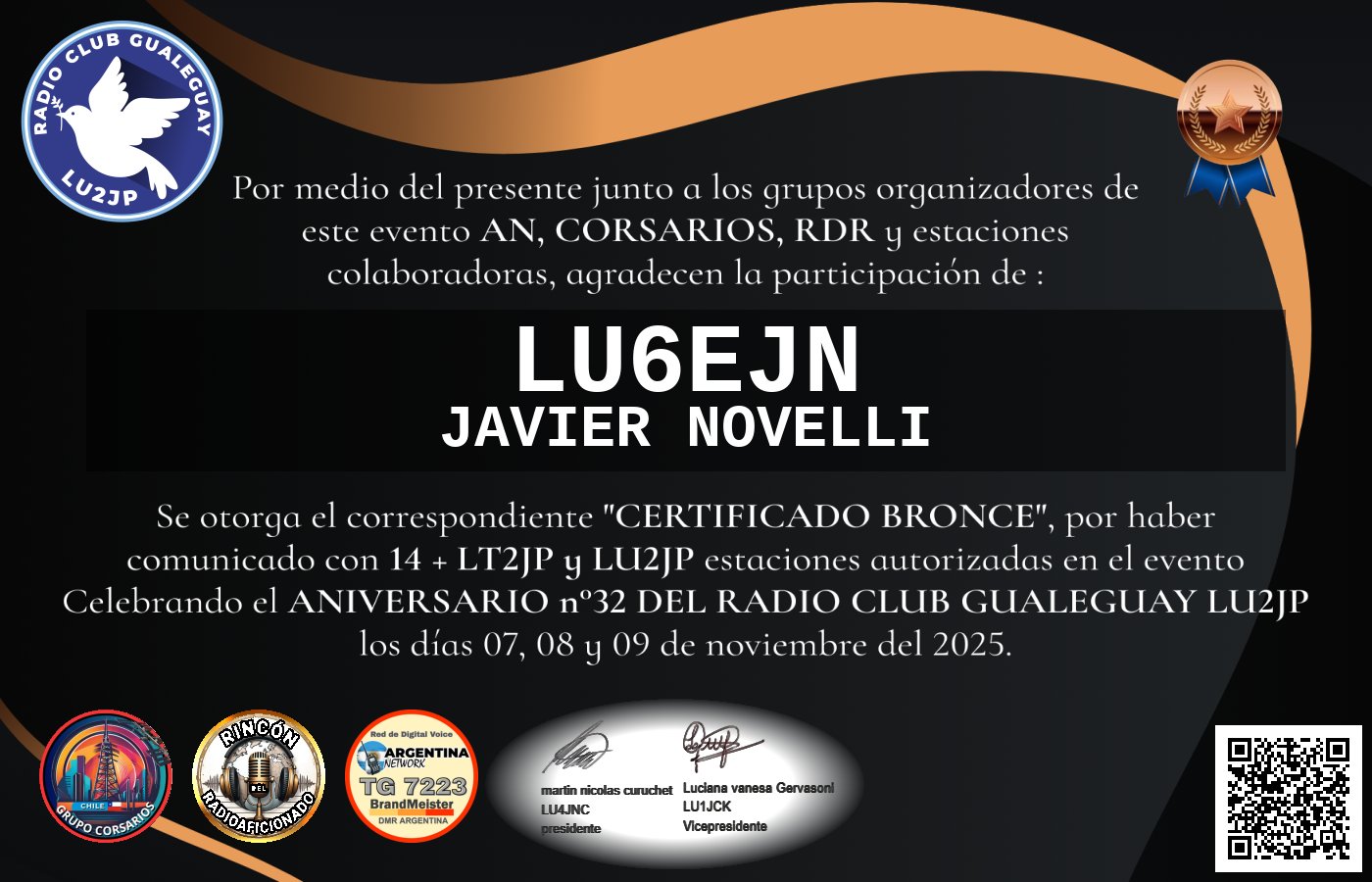 Certificado CERTIFICADO ANIVERSARIO n°32 RADIO CLUB GUALEGUAY LU2JP