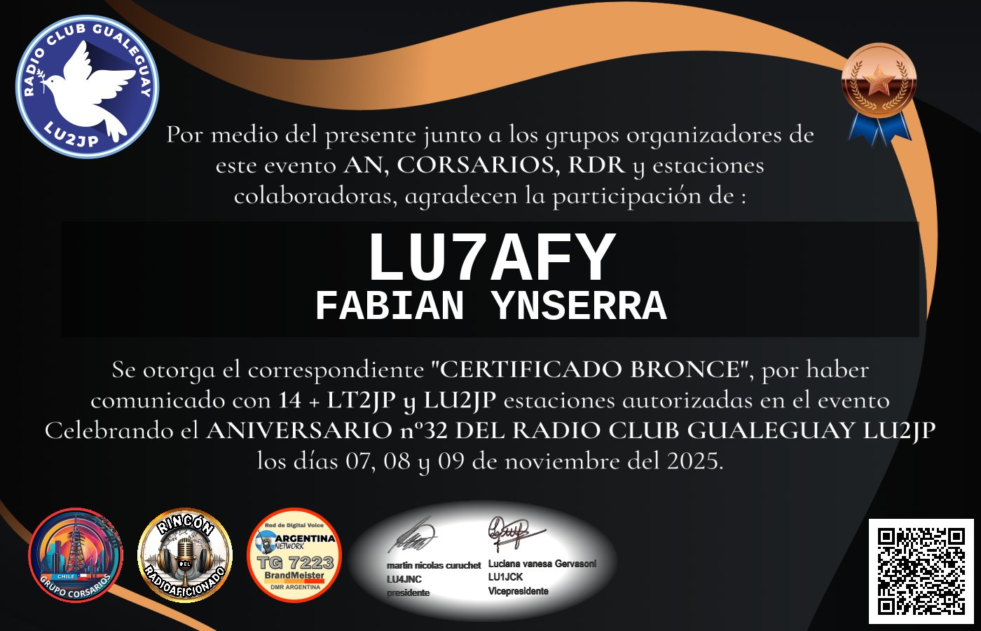 Certificado CERTIFICADO ANIVERSARIO n°32 RADIO CLUB GUALEGUAY LU2JP