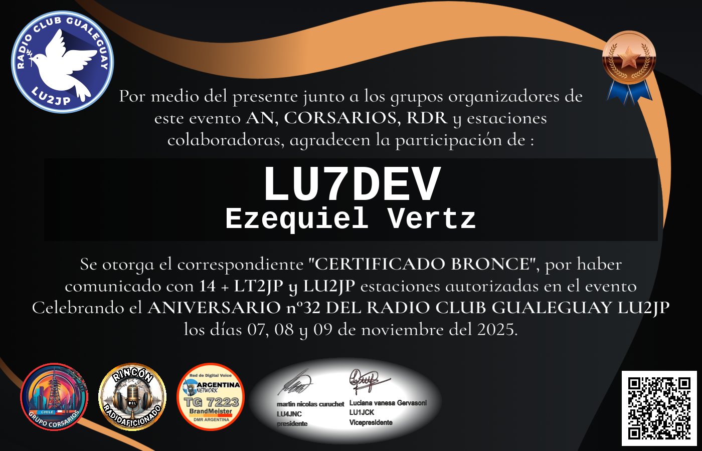 Certificado CERTIFICADO ANIVERSARIO n°32 RADIO CLUB GUALEGUAY LU2JP