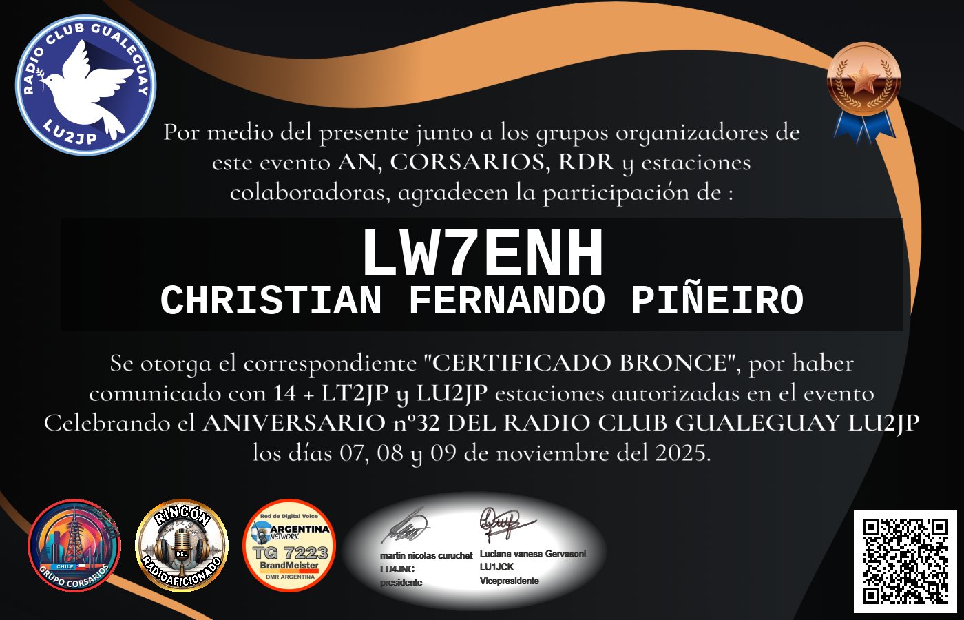 Certificado CERTIFICADO ANIVERSARIO n°32 RADIO CLUB GUALEGUAY LU2JP