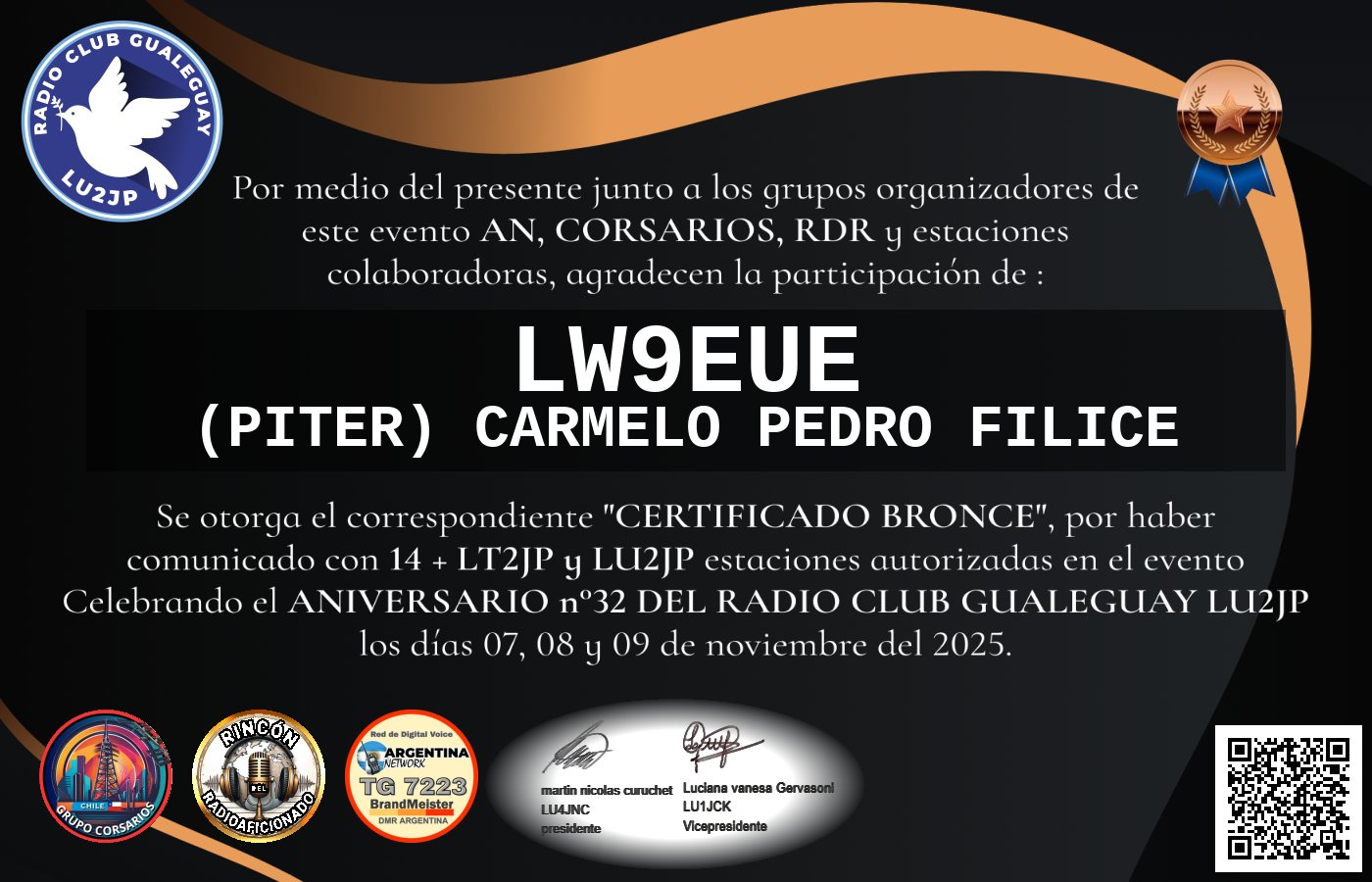 Certificado CERTIFICADO ANIVERSARIO n°32 RADIO CLUB GUALEGUAY LU2JP