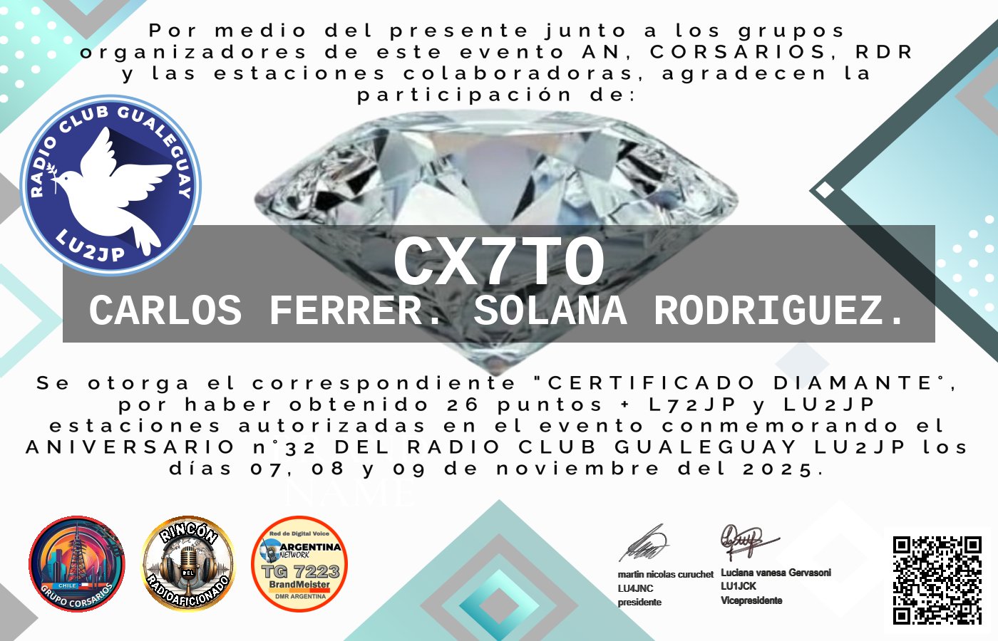 Certificado CERTIFICADO ANIVERSARIO n°32 RADIO CLUB GUALEGUAY LU2JP