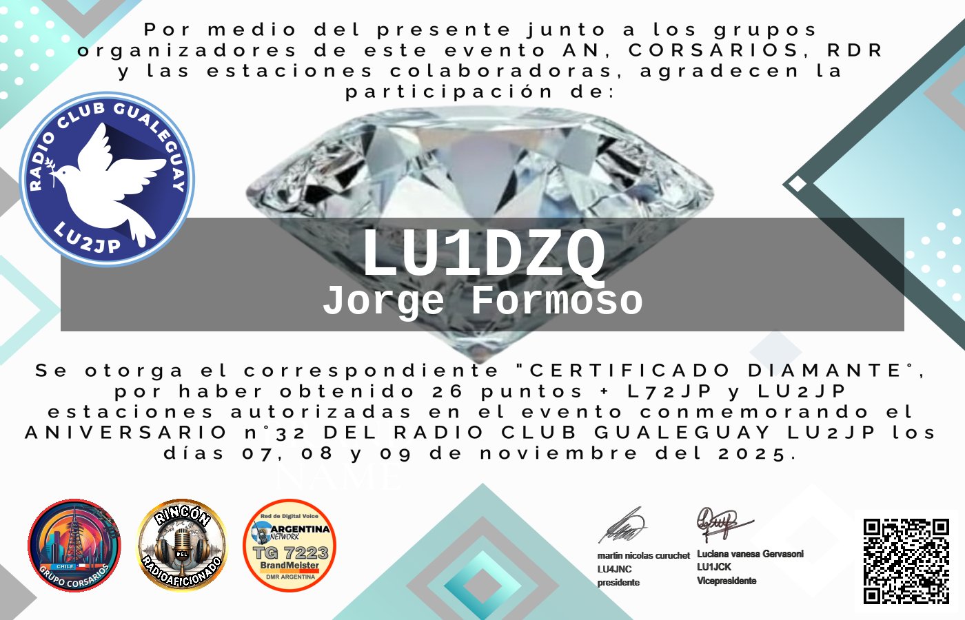 Certificado CERTIFICADO ANIVERSARIO n°32 RADIO CLUB GUALEGUAY LU2JP