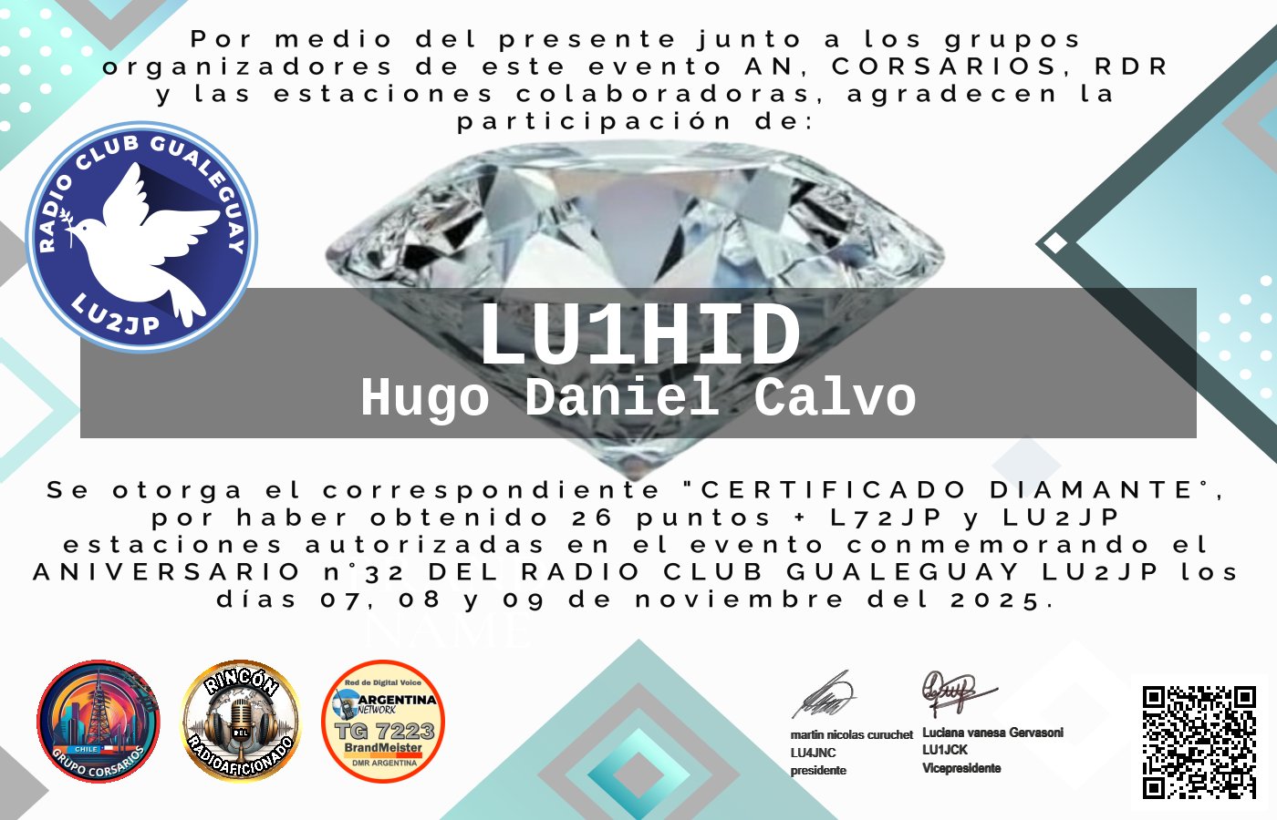 Certificado CERTIFICADO ANIVERSARIO n°32 RADIO CLUB GUALEGUAY LU2JP