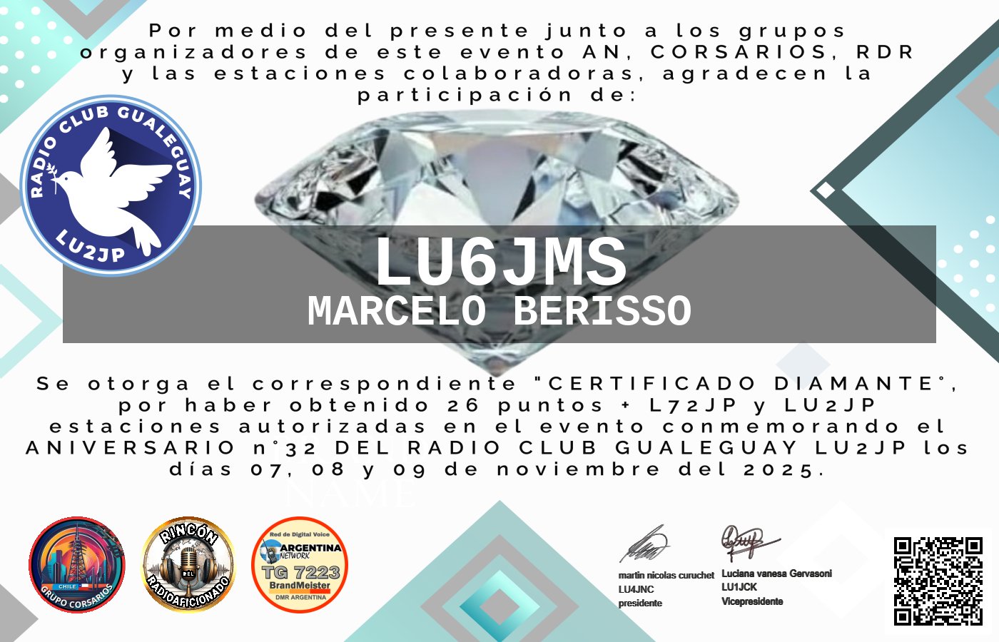 Certificado CERTIFICADO ANIVERSARIO n°32 RADIO CLUB GUALEGUAY LU2JP