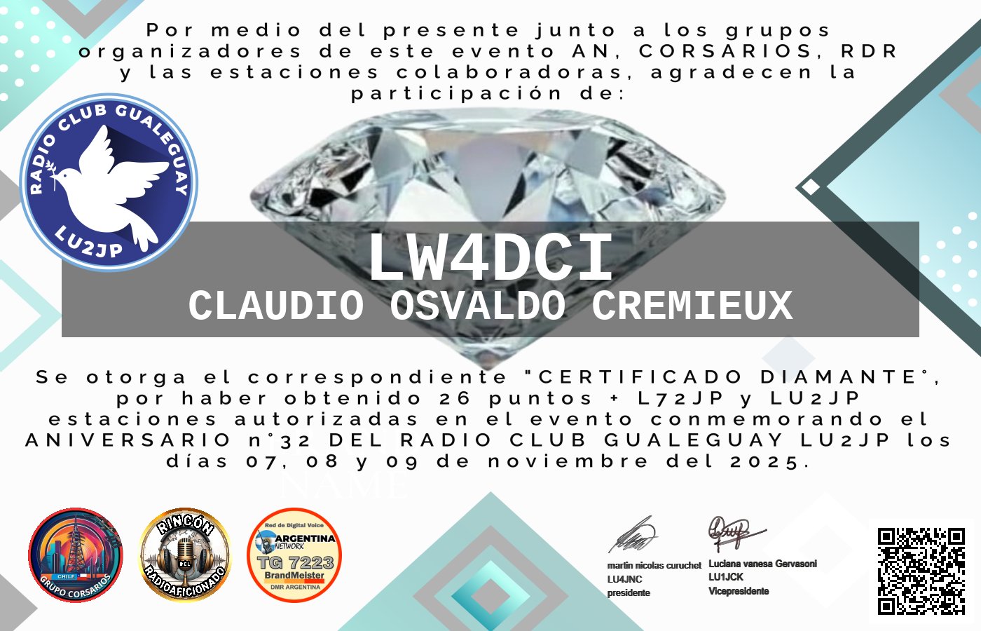 Certificado CERTIFICADO ANIVERSARIO n°32 RADIO CLUB GUALEGUAY LU2JP