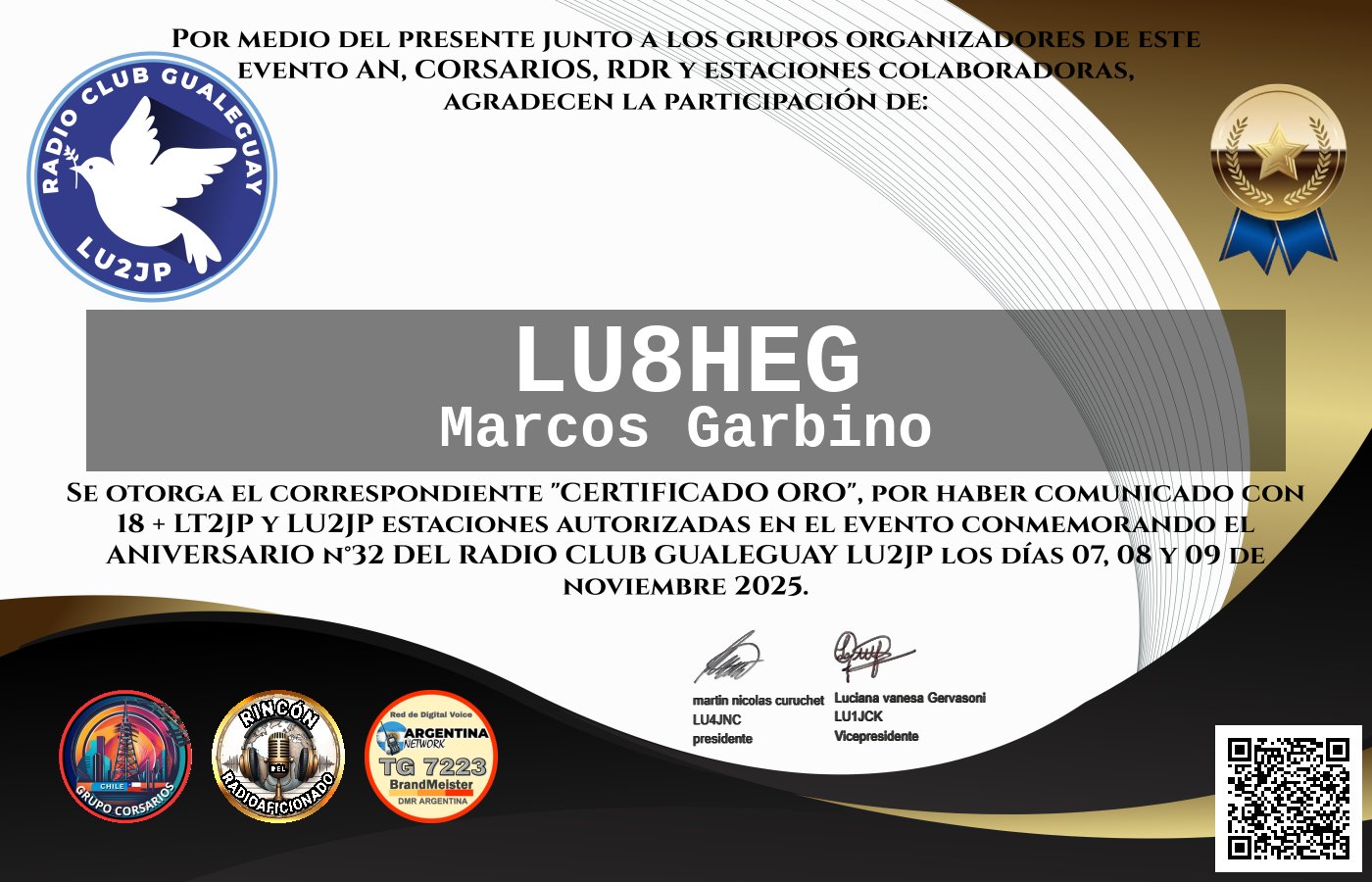 Certificado CERTIFICADO ANIVERSARIO n°32 RADIO CLUB GUALEGUAY LU2JP