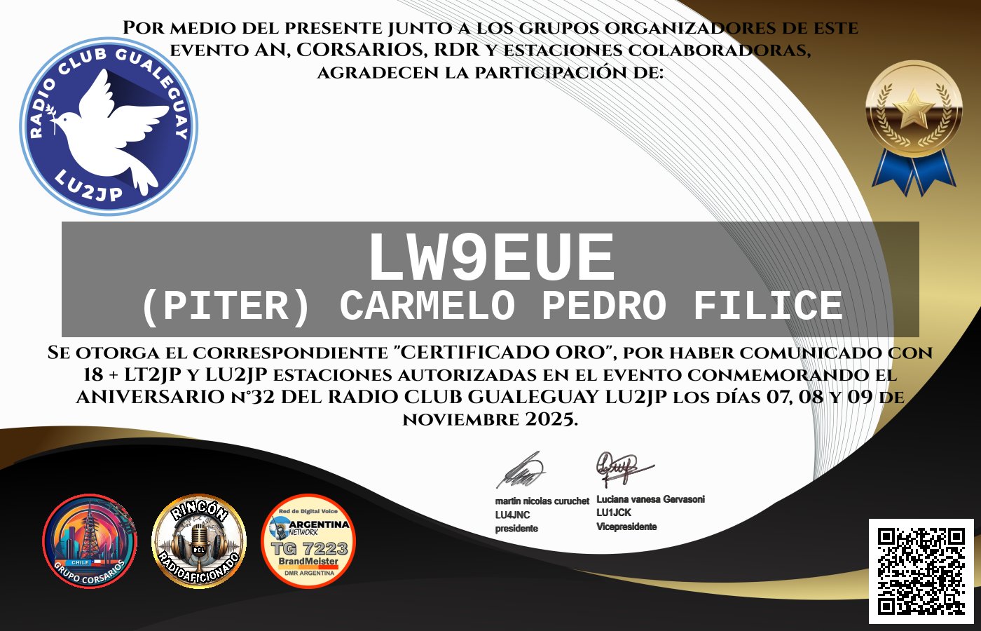 Certificado CERTIFICADO ANIVERSARIO n°32 RADIO CLUB GUALEGUAY LU2JP