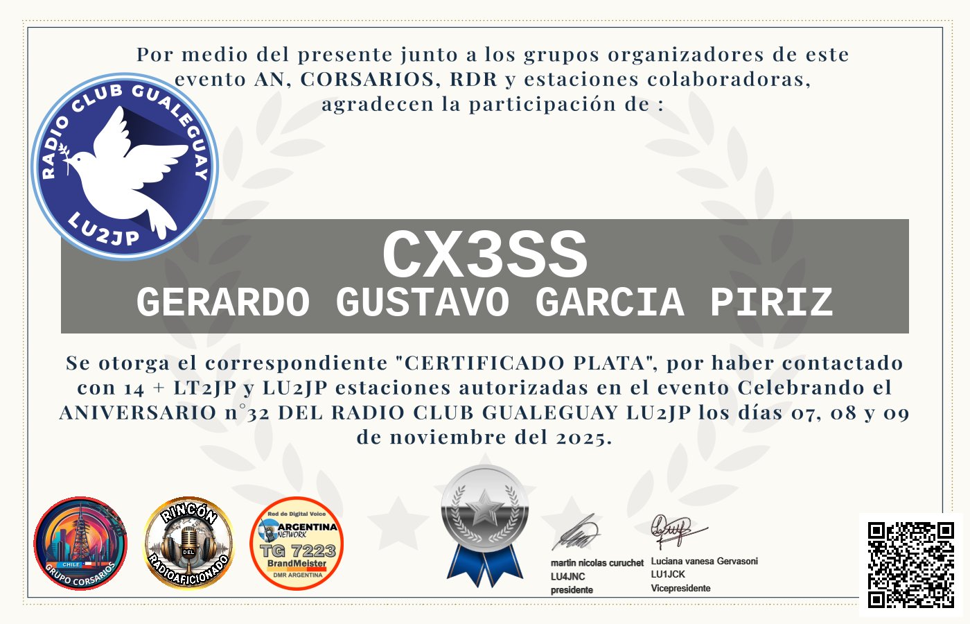 Certificado CERTIFICADO ANIVERSARIO n°32 RADIO CLUB GUALEGUAY LU2JP