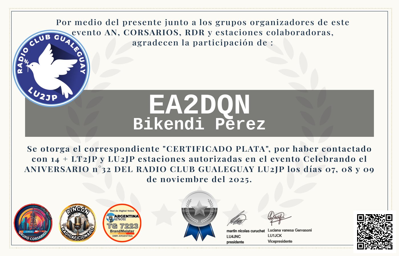 Certificado CERTIFICADO ANIVERSARIO n°32 RADIO CLUB GUALEGUAY LU2JP