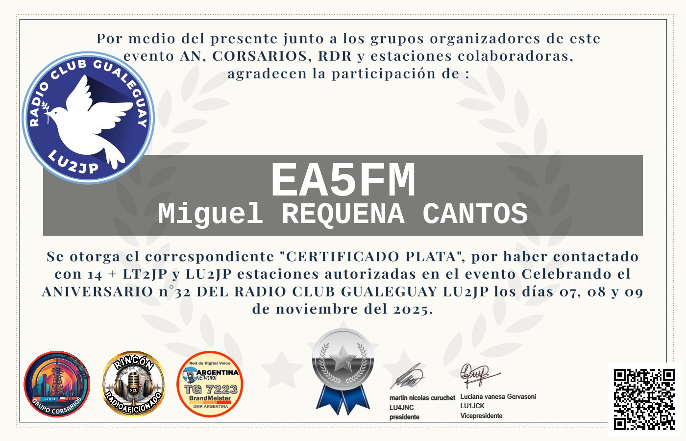 Certificado CERTIFICADO ANIVERSARIO n°32 RADIO CLUB GUALEGUAY LU2JP