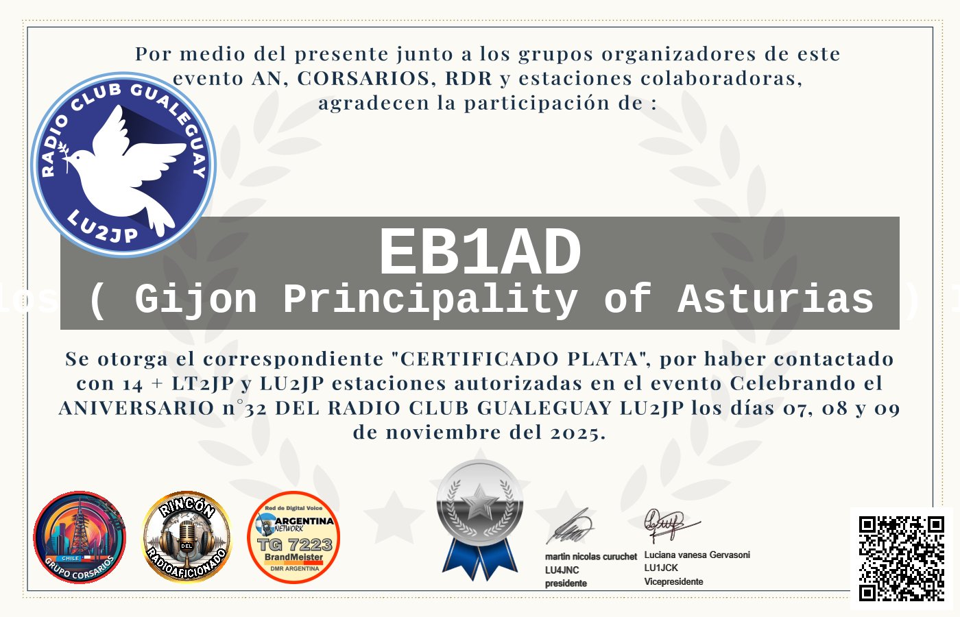 Certificado CERTIFICADO ANIVERSARIO n°32 RADIO CLUB GUALEGUAY LU2JP