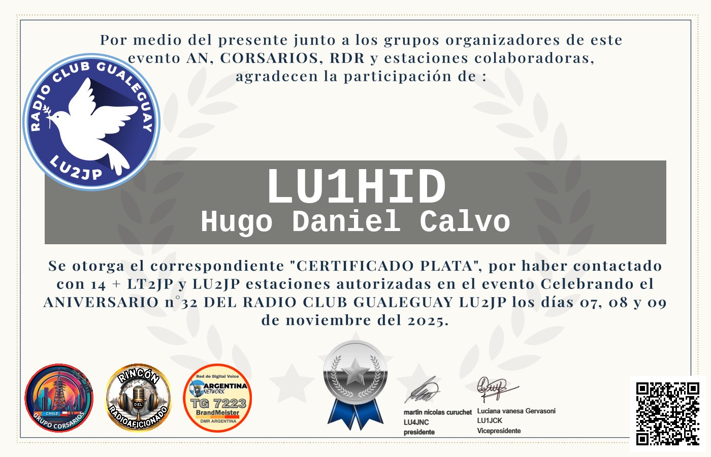 Certificado CERTIFICADO ANIVERSARIO n°32 RADIO CLUB GUALEGUAY LU2JP